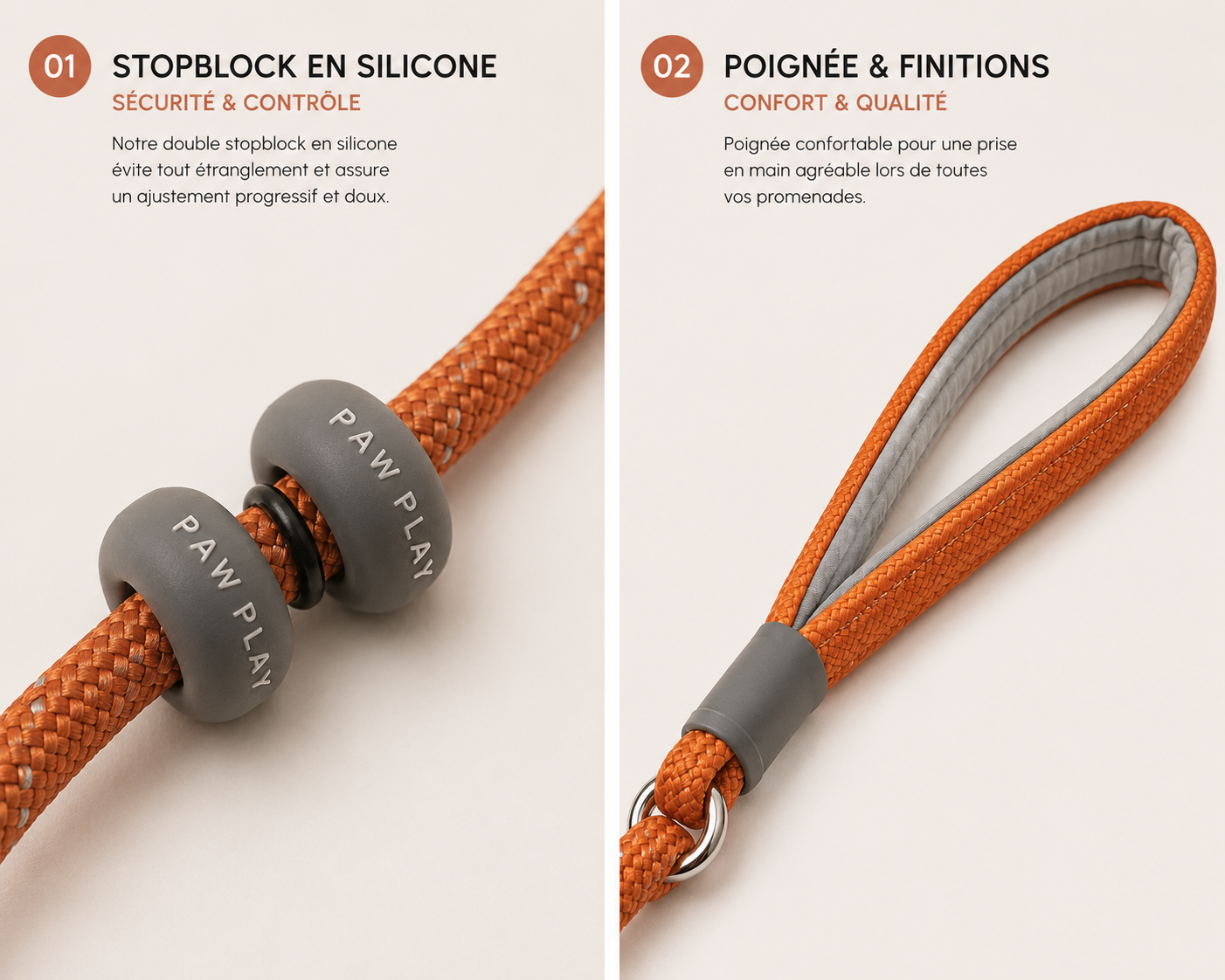 Détails Laisse Lasso - Stopblock silicone et poignée