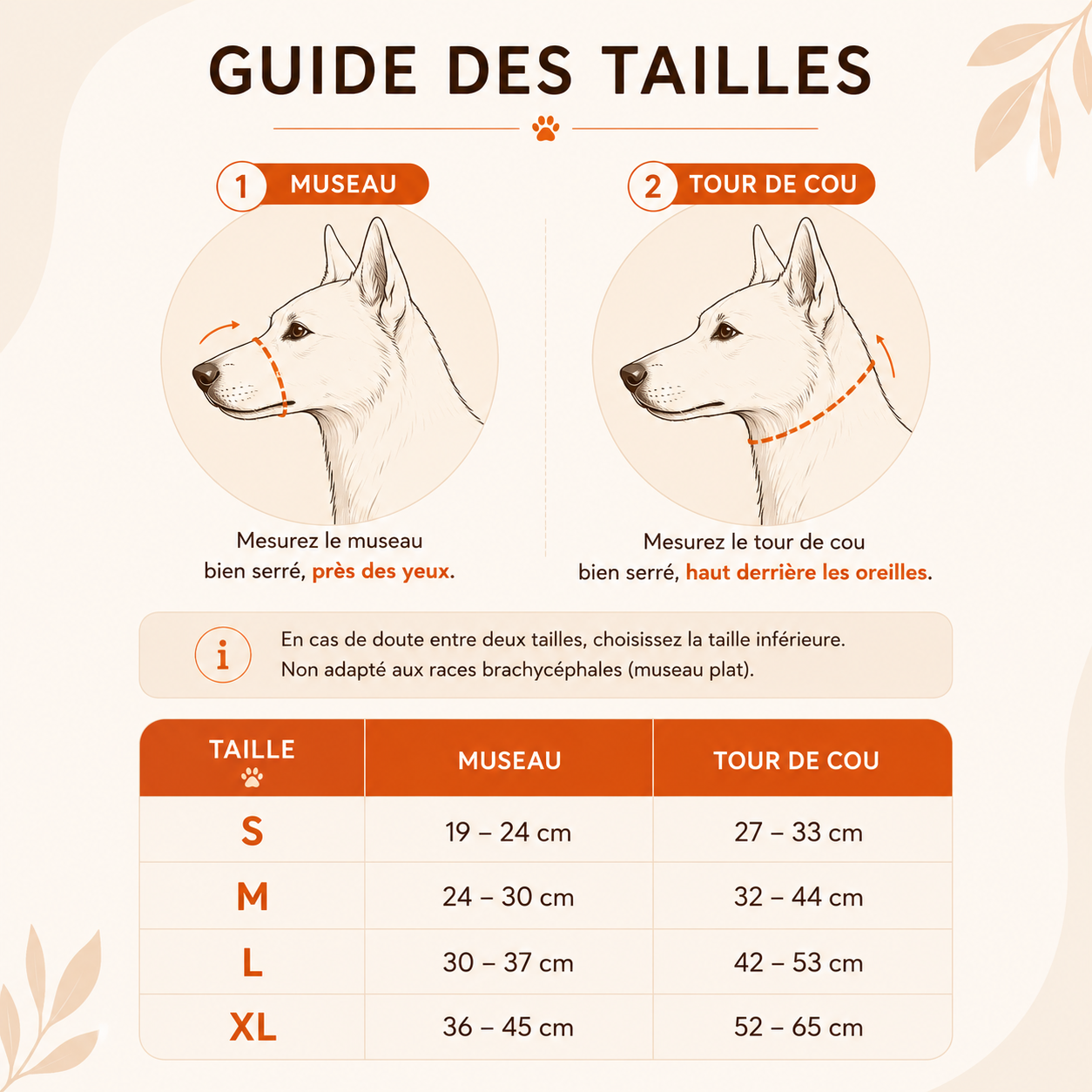 Guide des tailles Muselière Tempo